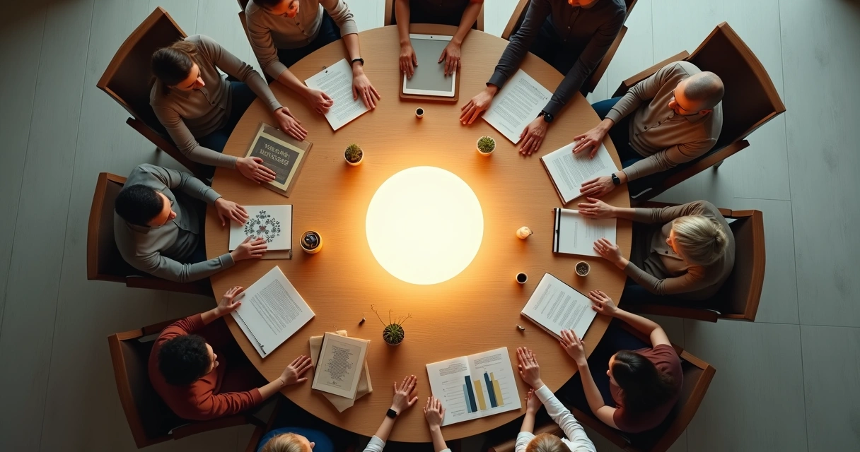 Top view of diverse people forming a glowing circle around a shared symbol of purpose 