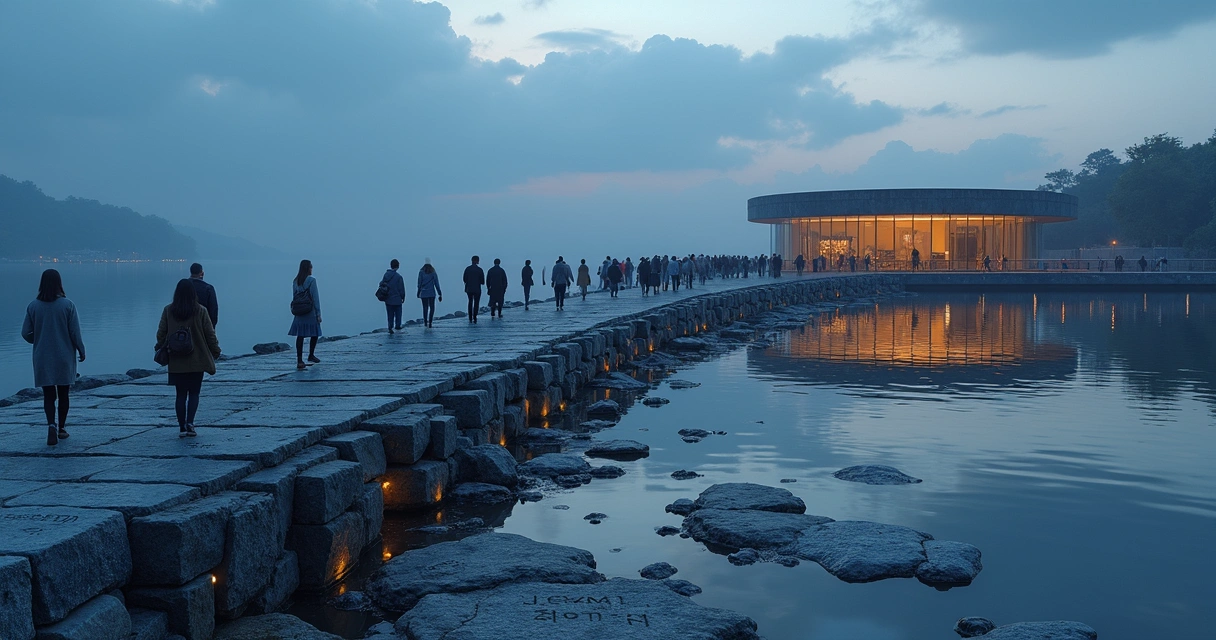 Crowd crossing fragmented stone bridge toward glowing learning archive 
