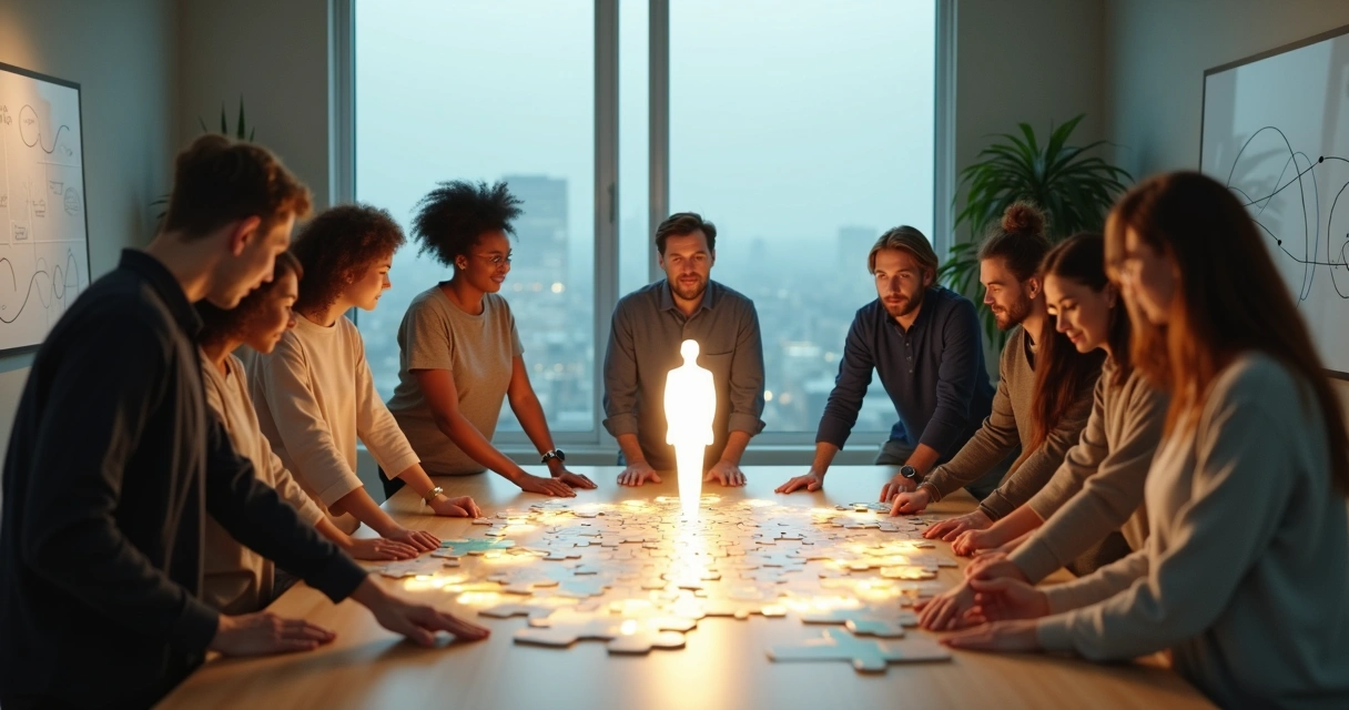Diverse group in circle connecting puzzle pieces over glowing human silhouette 
