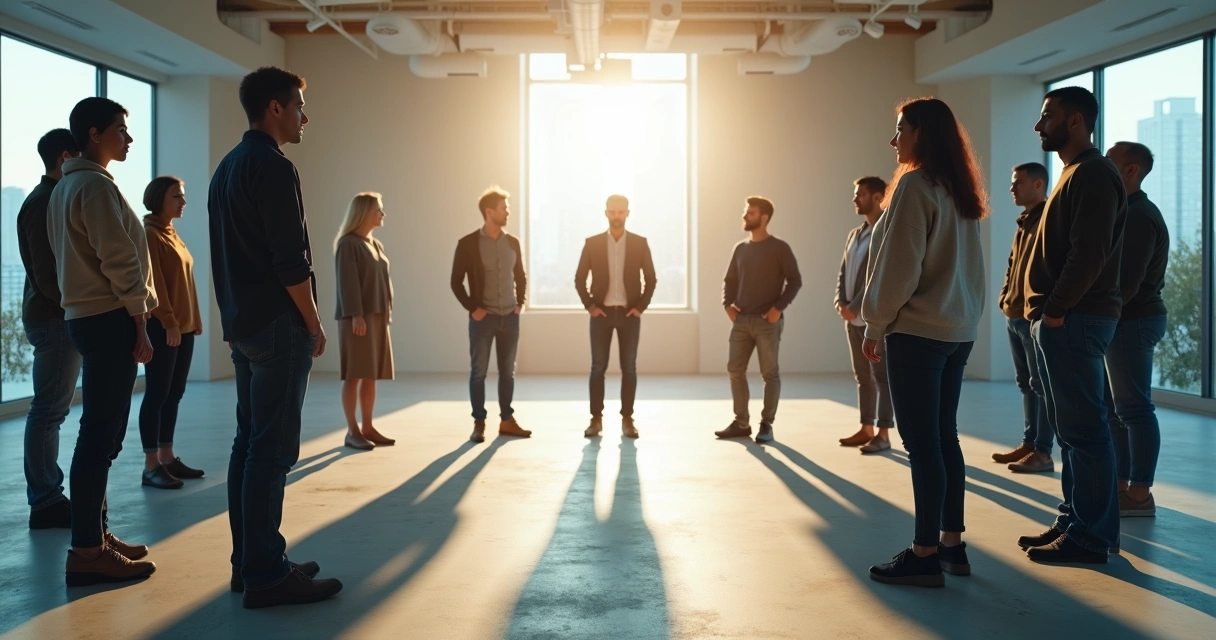 A diverse group standing in a circle with shadow patterns symbolizing inner blocks around them 