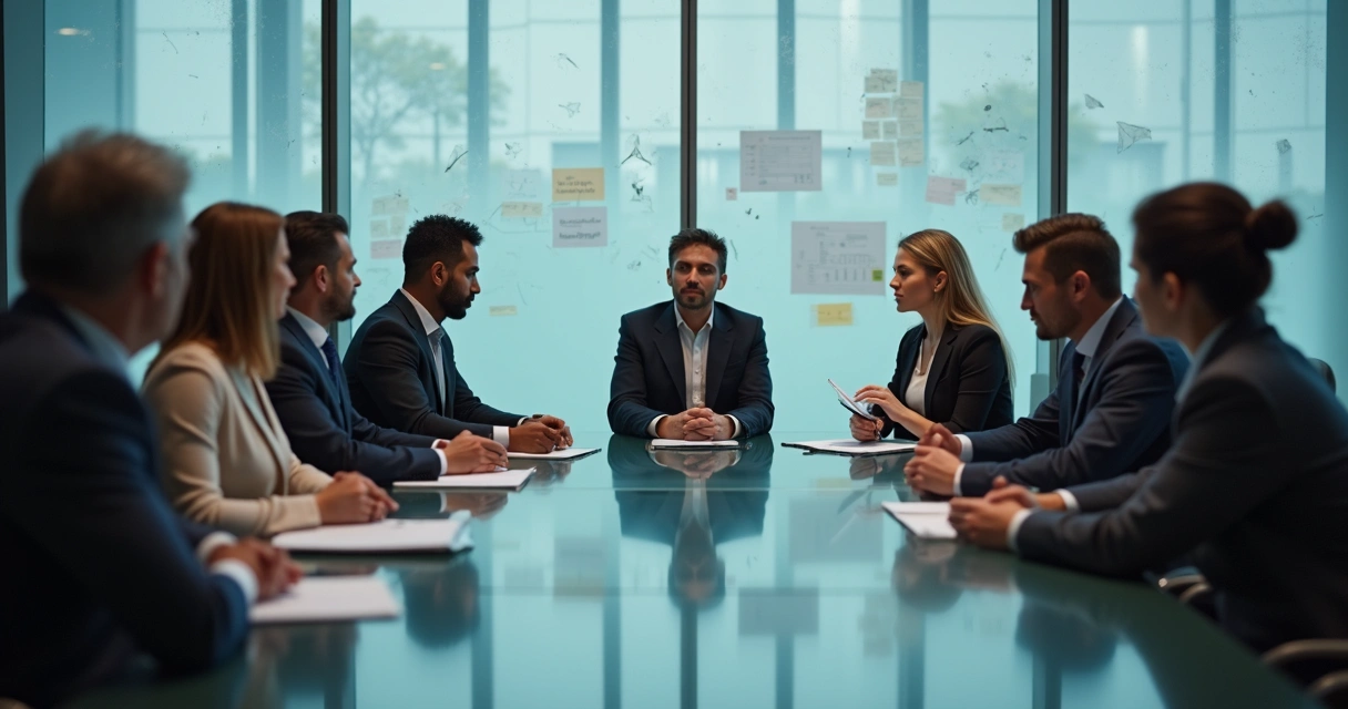 Business team in tense meeting around conference table with fractured glass overlay 
