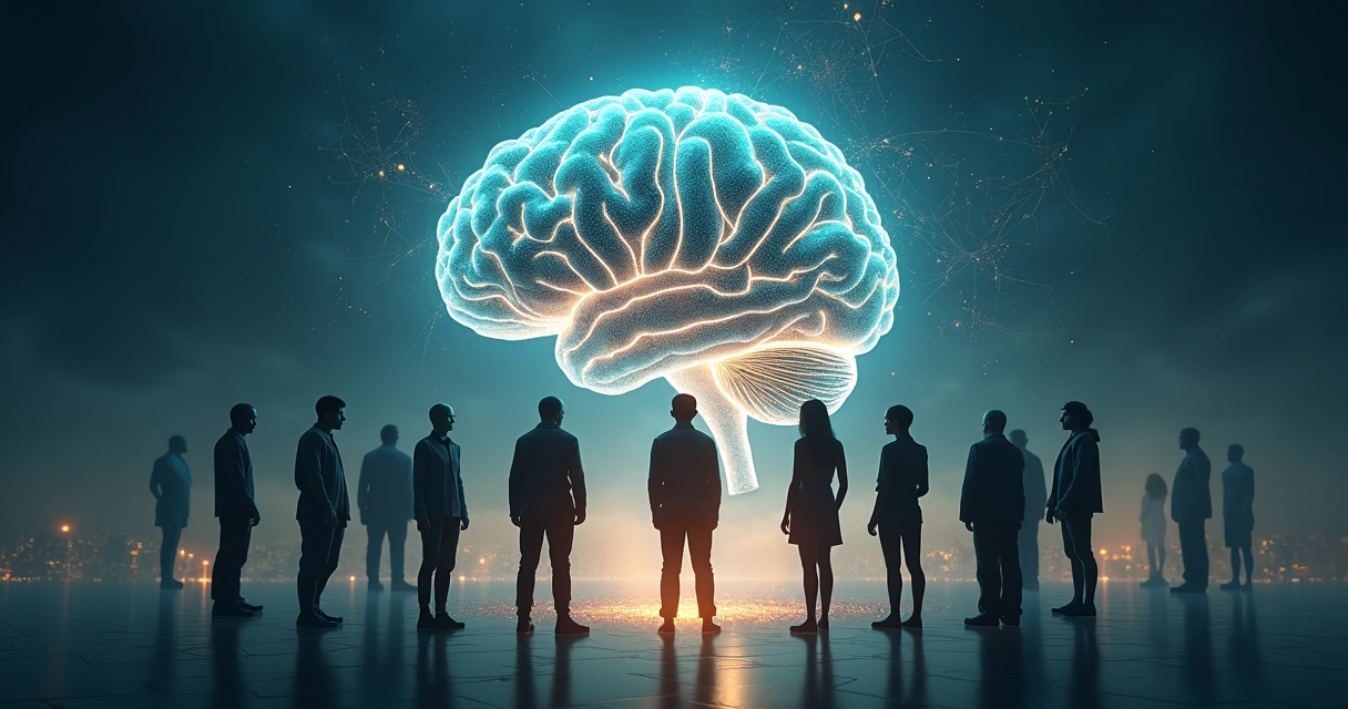 Group of diverse people connected by light patterns around a human brain 