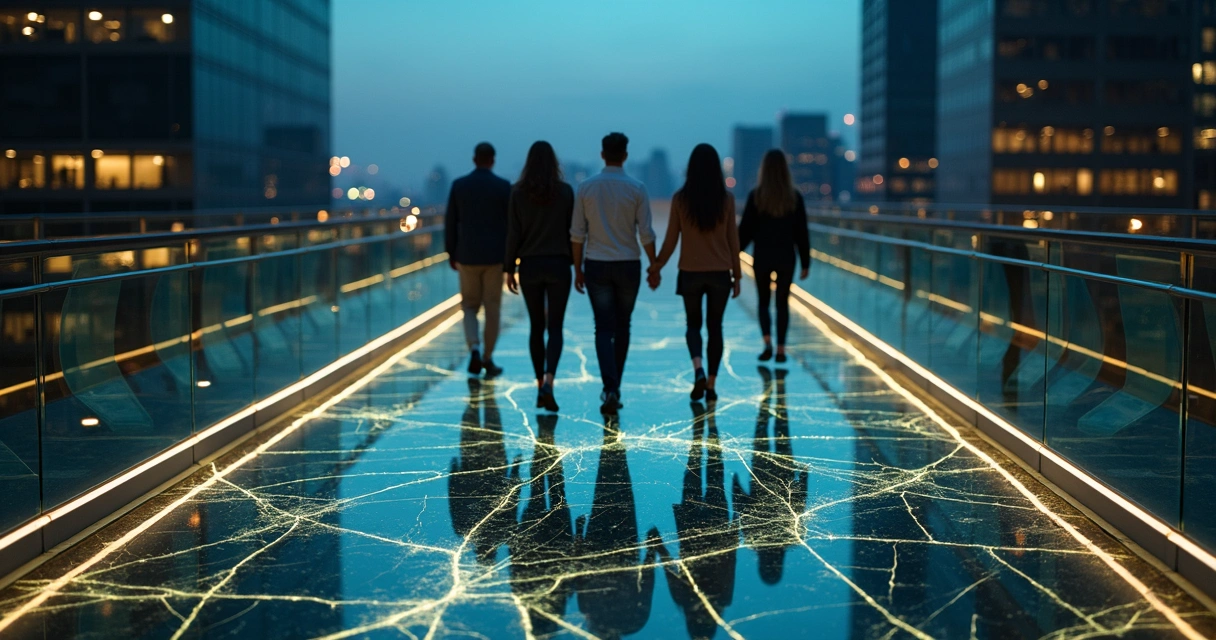 Coworkers crossing a cracked glass bridge that glows where they walk together 