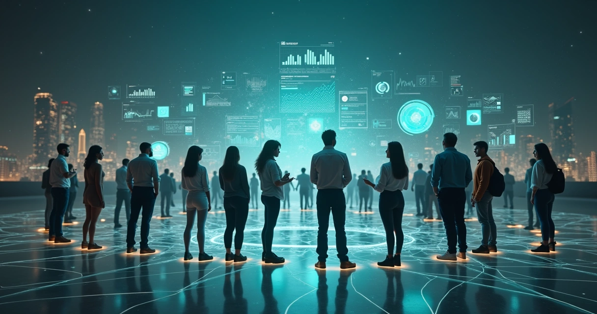 People connected by glowing lines overlaid with data charts 