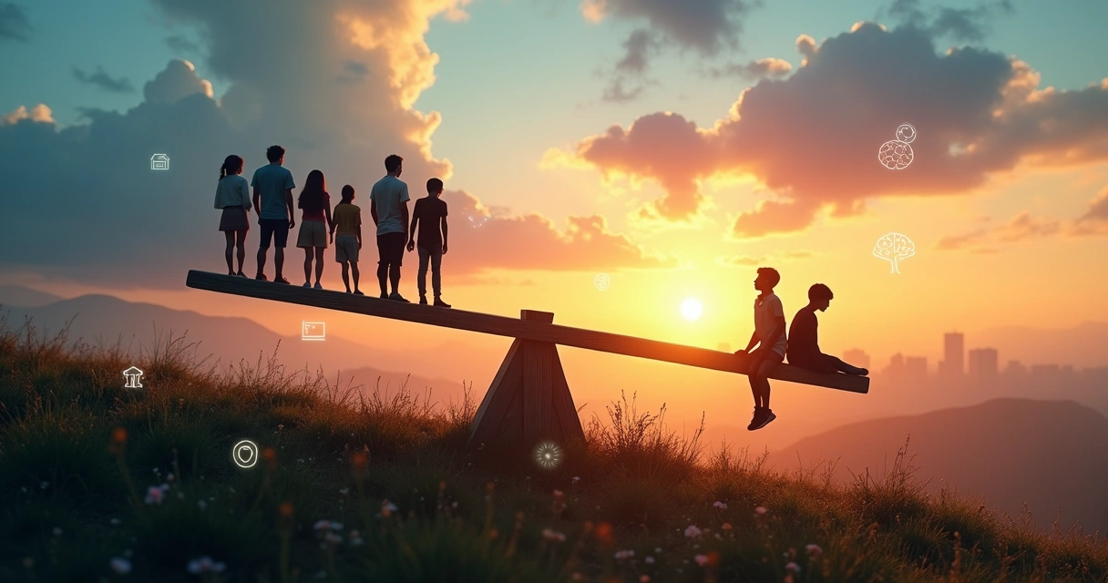 Two people on a seesaw balancing community and personal symbols at sunset 