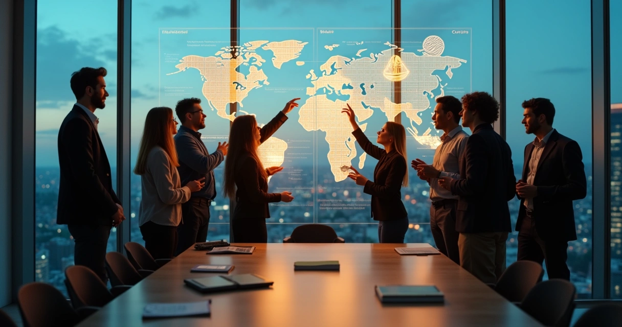 Team arranging glowing value icons on a large transparent city-view wall 