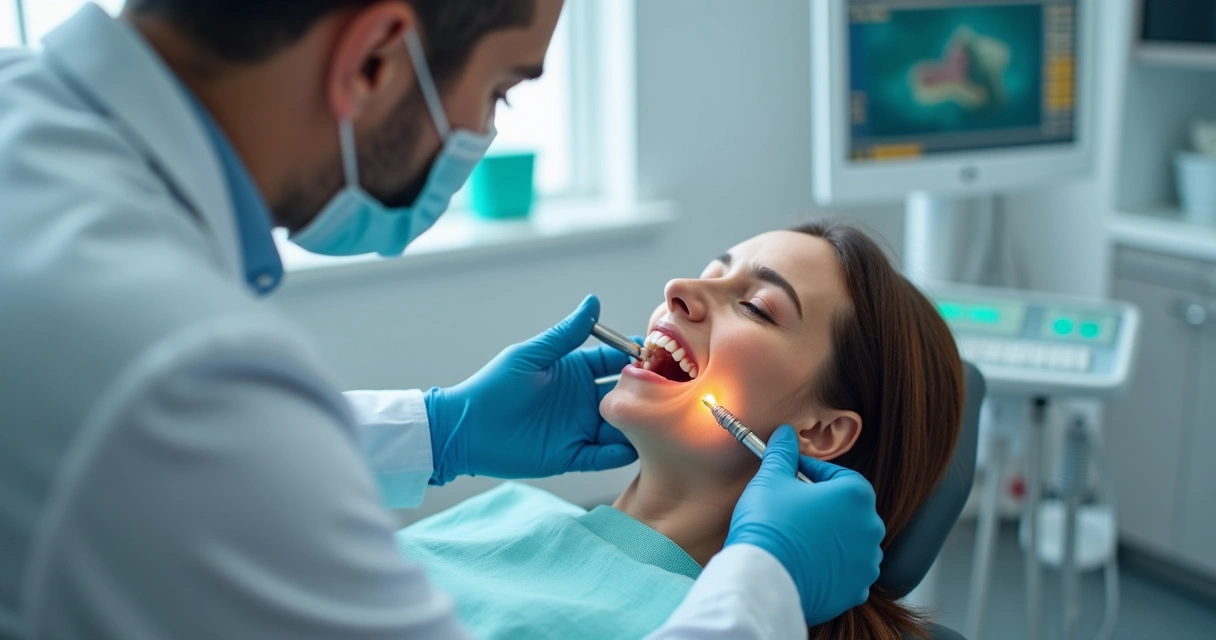 Dentista realizando procedimento de implante dental 
