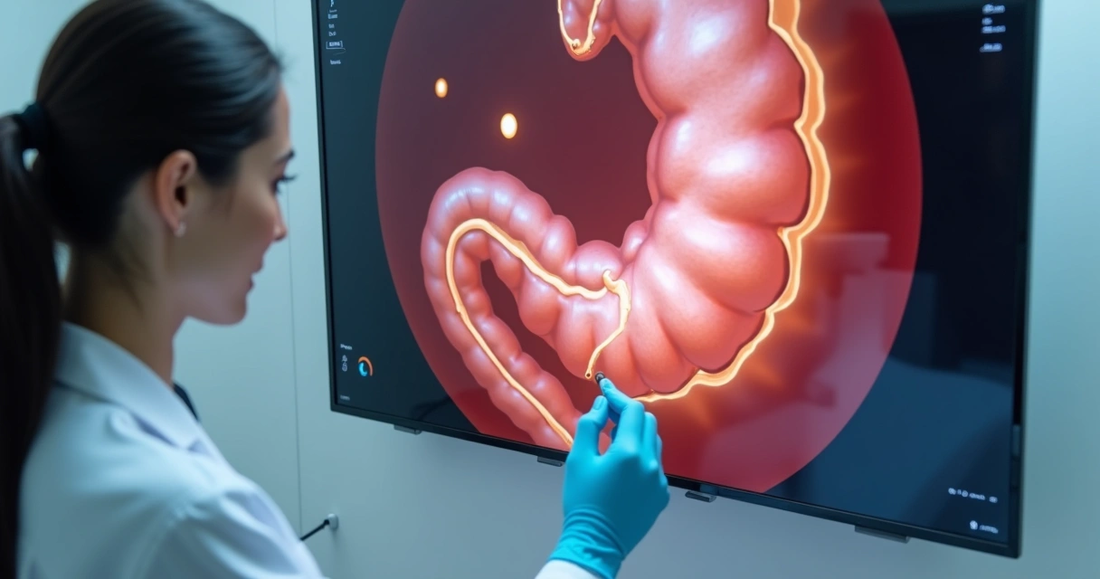 Visão interna do intestino grosso destacando pequenos pólipos na colonoscopia 