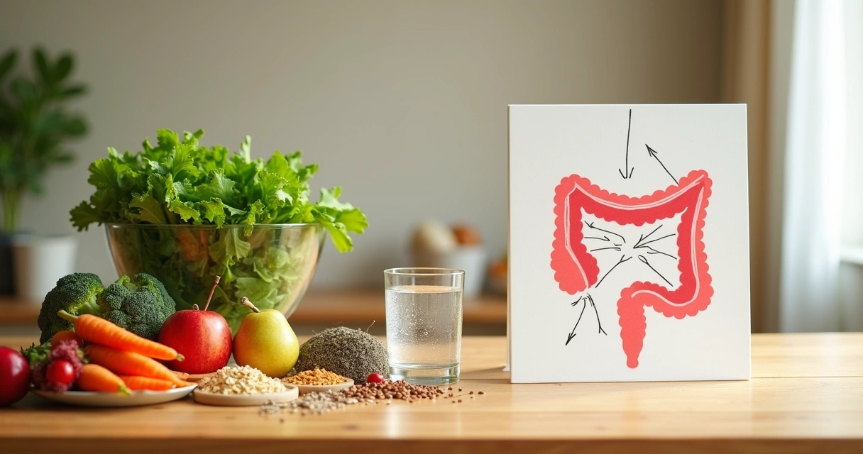 Mesa com legumes, frutas e grãos integrais ao lado de ilustração estilizada de cólon saudável 
