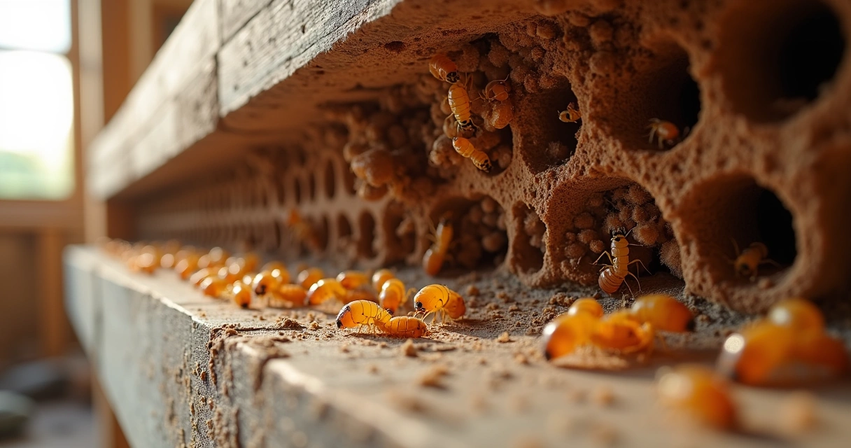 Colônia de cupins corroendo estrutura de madeira 