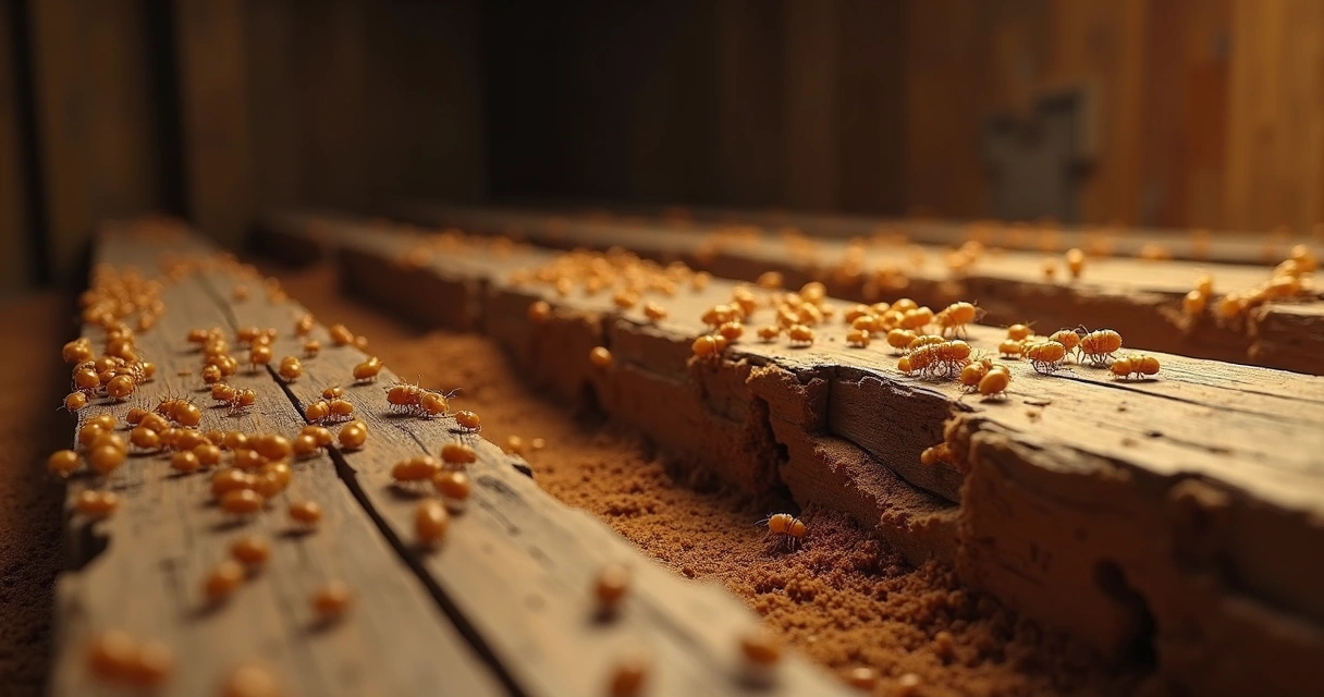 Colônia de cupins em madeira, túneis visíveis na superfície 