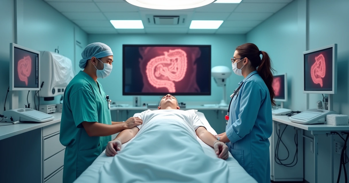 Equipe médica realizando colonoscopia em paciente sedado no consultório 