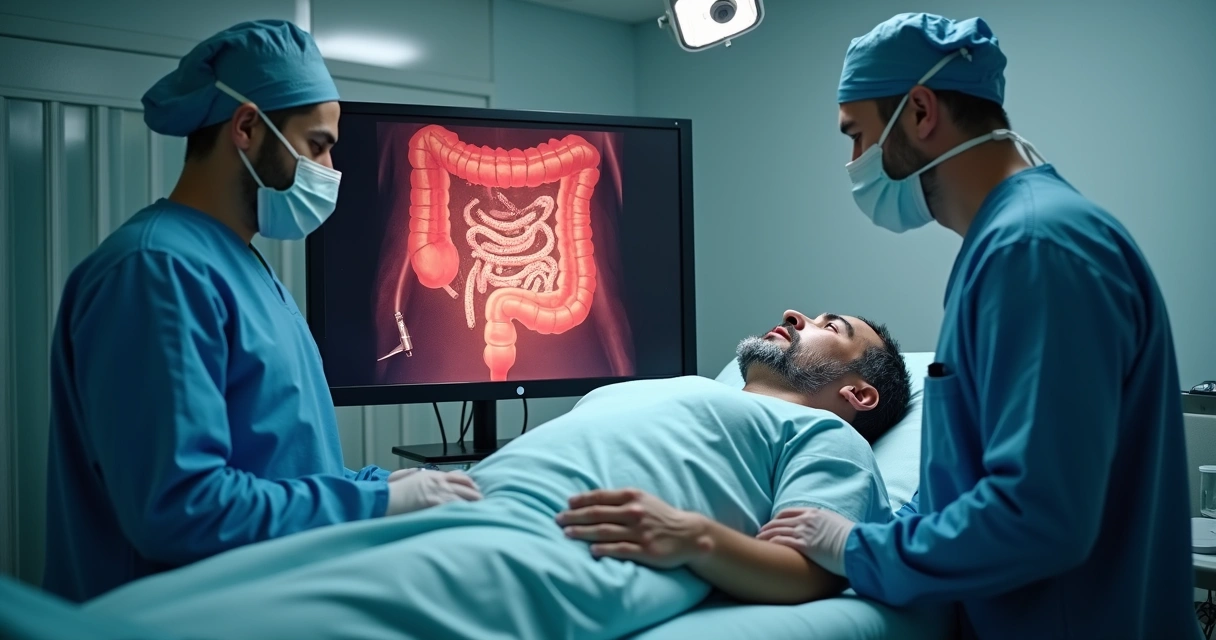 Médico realizando colonoscopia com tela mostrando o interior do cólon 