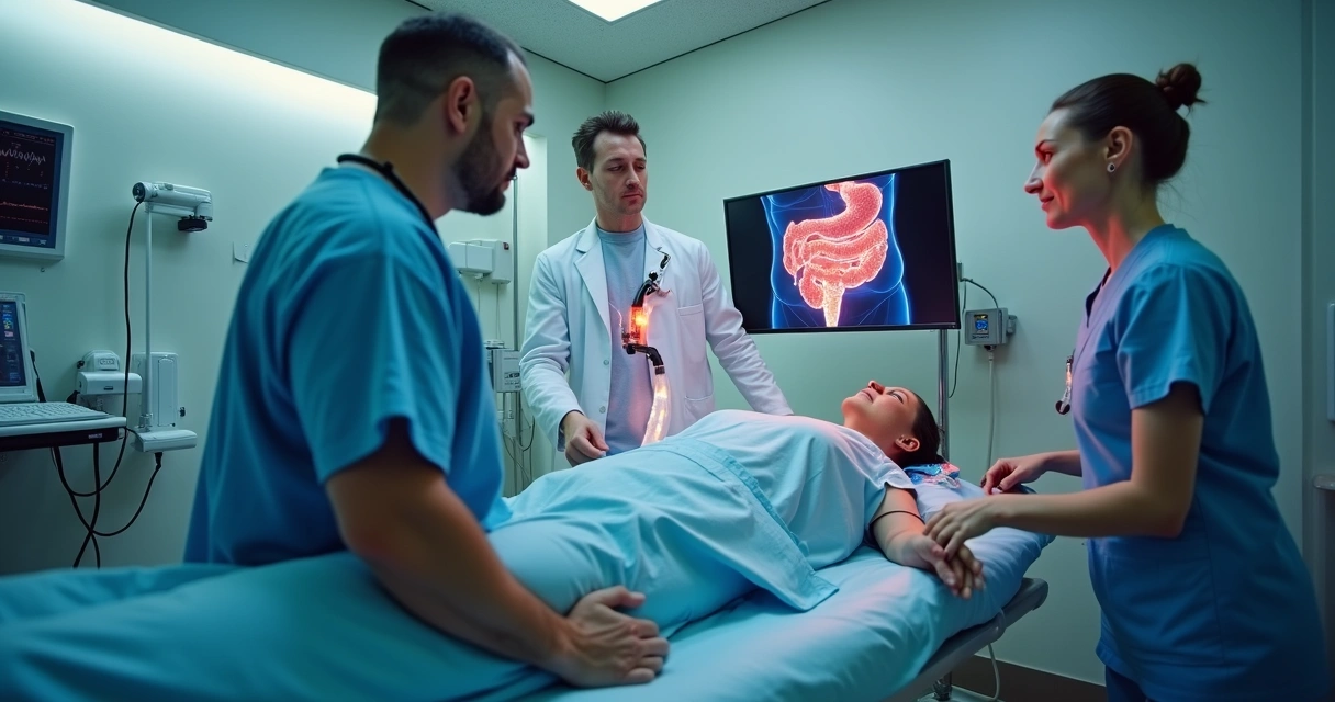 Equipe médica realizando colonoscopia em paciente em sala de exame 