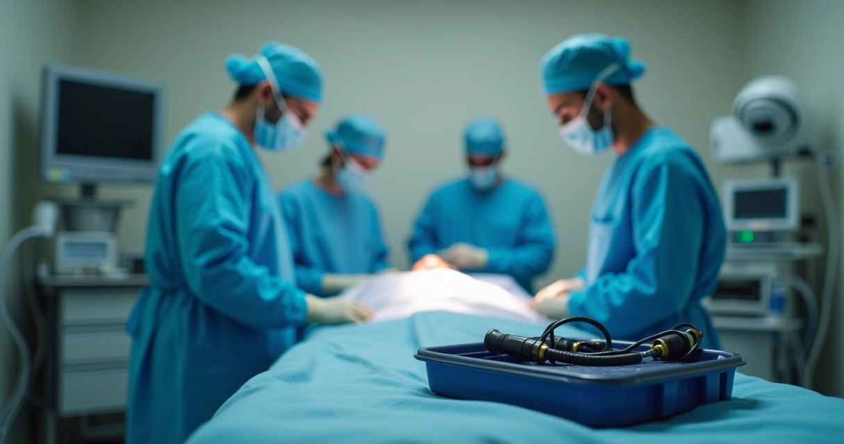 Profissional de saúde preparando sala para colonoscopia 