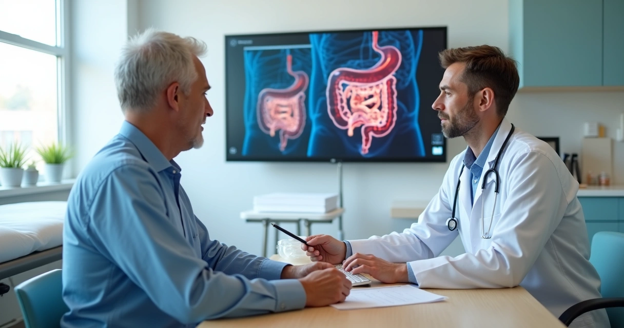 Médico explicando exame de colonoscopia para paciente em consultório moderno 