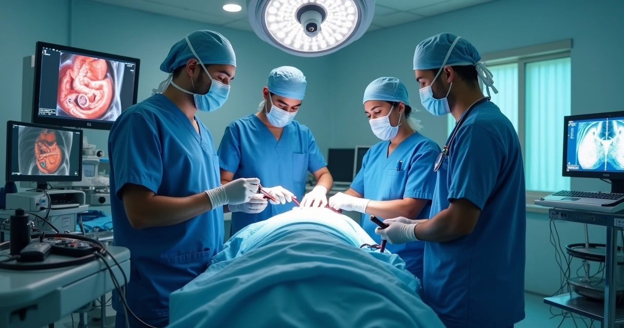 Equipe médica realiza colonoscopia em paciente em centro cirúrgico 