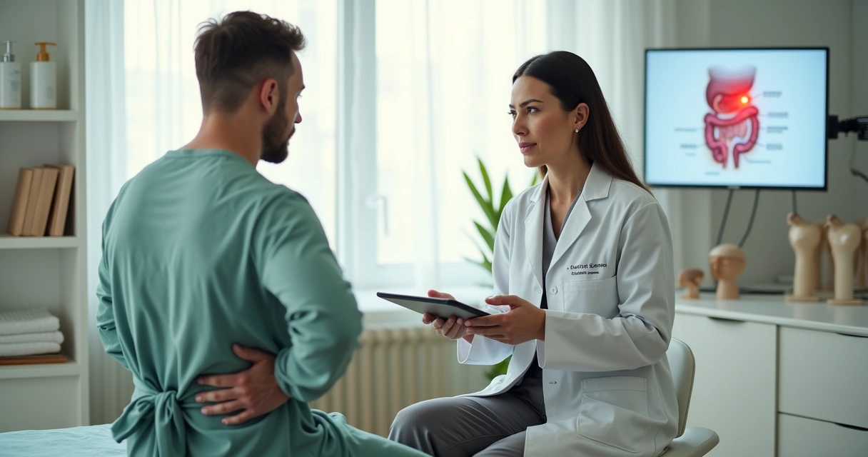 Coloproctologista explicando dor na região anal a paciente sentado em maca de consultório. 