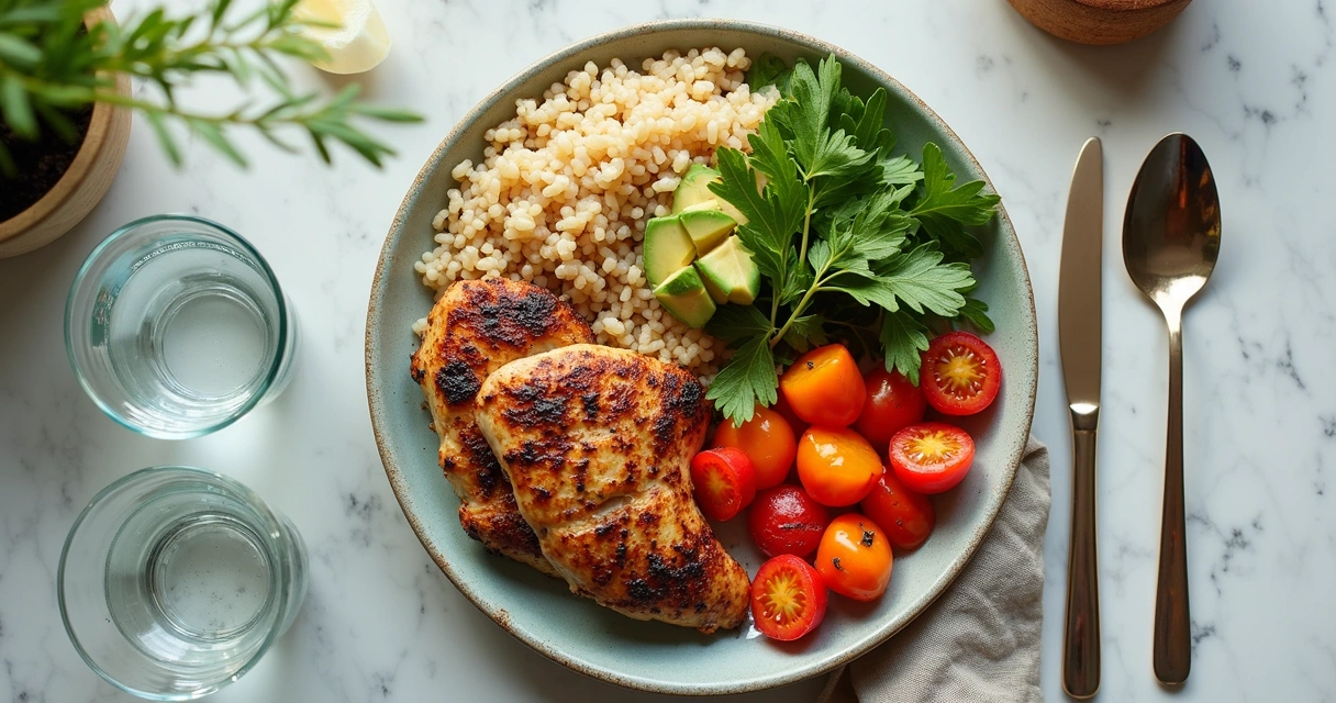 Colorful balanced meal plate with vegetables, chicken, and grains. 