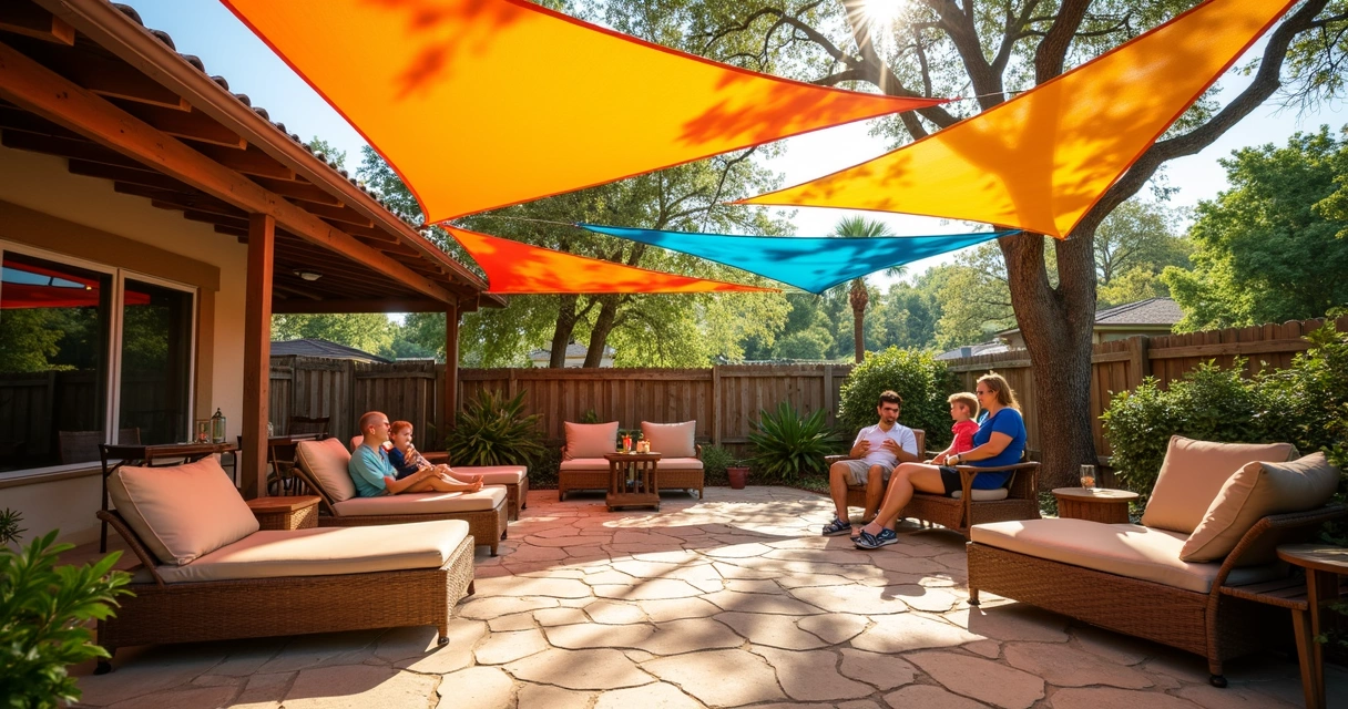 Colorful shade sails stretched over Austin backyard patio with people relaxing below