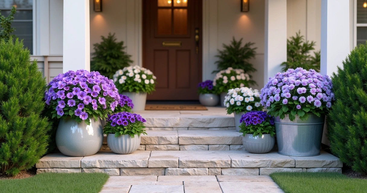 Colorful winter containers with pansies and ornamental kale on a porch step