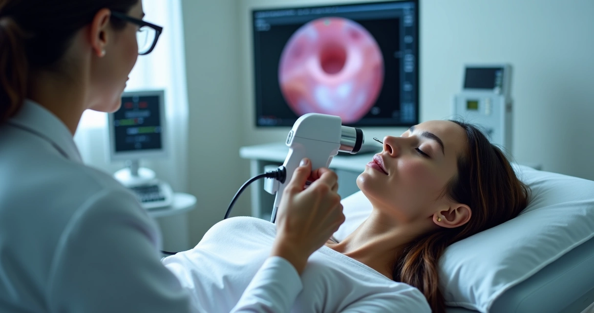 Mulher realizando colposcopia com profissional de saúde 