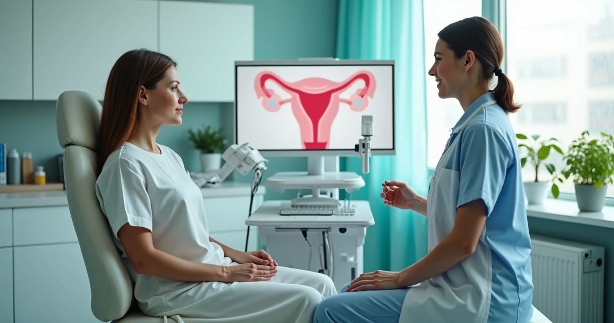 Ginecologista ajustando colposcópio ao lado de paciente em cadeira ginecológica 