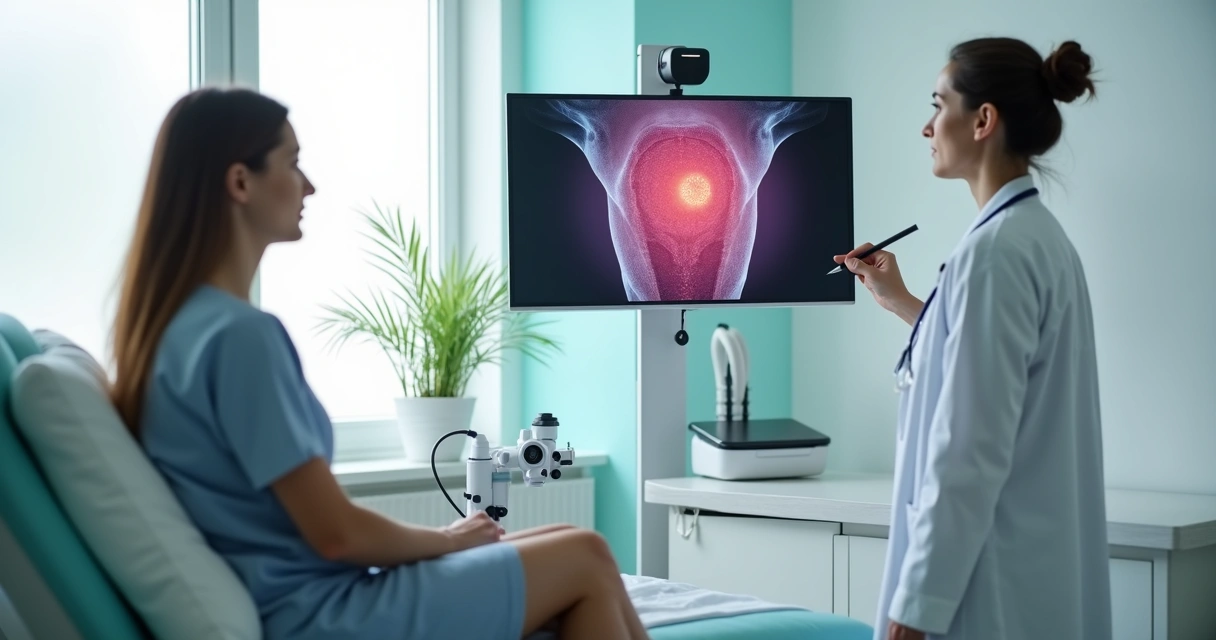 Médica analisando exame de colposcopia digital em tela com destaque para colo do útero 