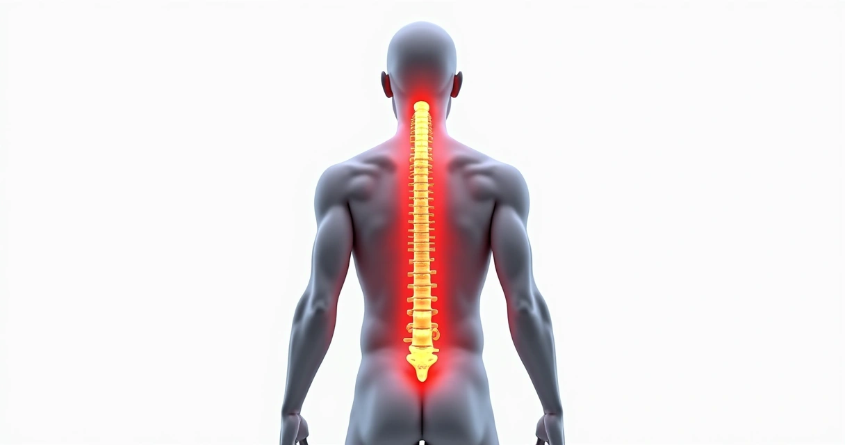 Desenho da coluna vertebral indicando áreas de dor lombar, torácica e cervical 