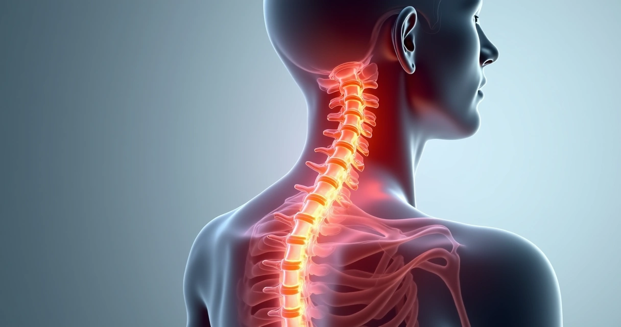 Ilustração realista da coluna cervical com trajeto nervoso até o braço 