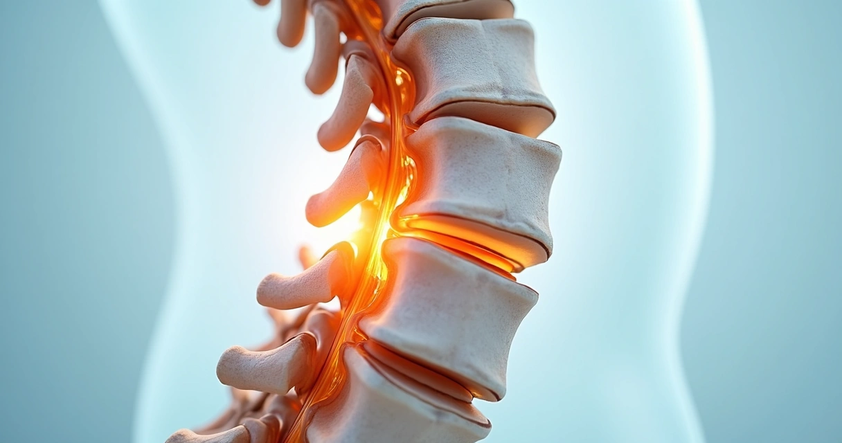 Ilustração científica da coluna lombar mostrando discos e raízes nervosas 