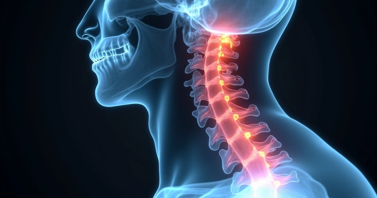 Radiografia da coluna mostrando osteófito em detalhe, com indicações visuais de dor e limitação. 