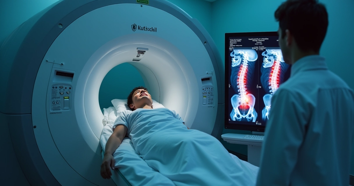 Exame de ressonância mostrando coluna vertebral com lesão 