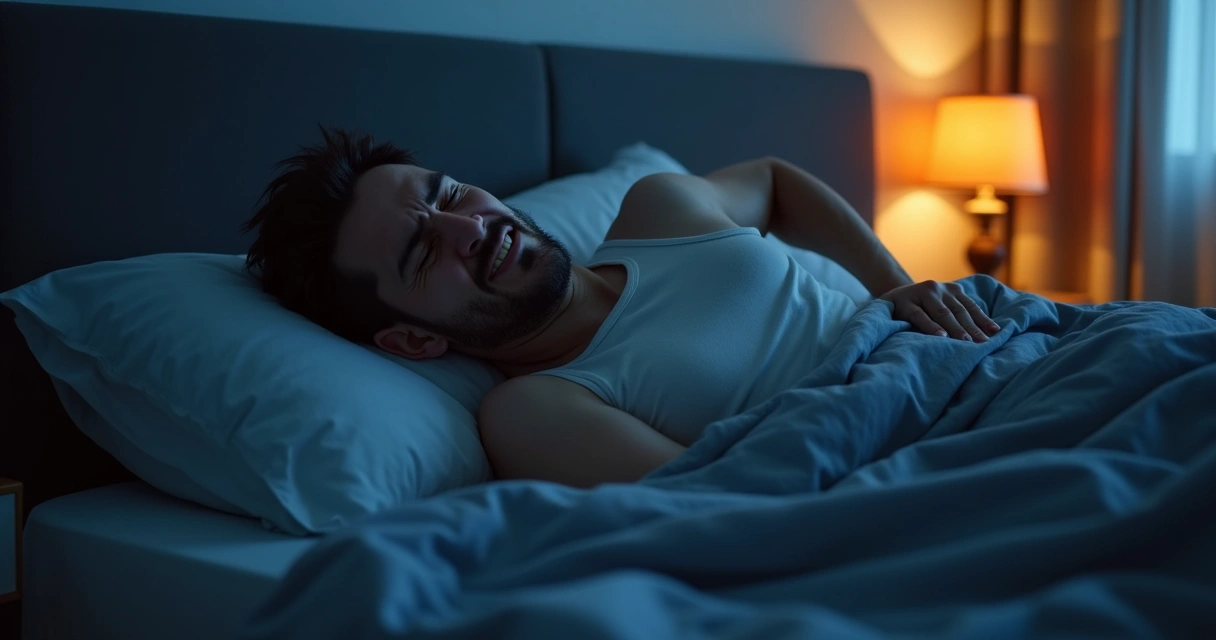 Pessoa deitada com expressão de dor segurando as costas em um quarto escuro 