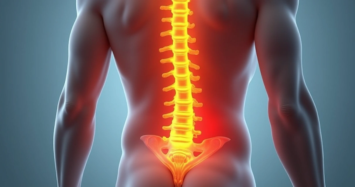 Imagem ilustrativa da coluna lombar com ciático afetado e marcação de dor irradiada para a perna direita. 