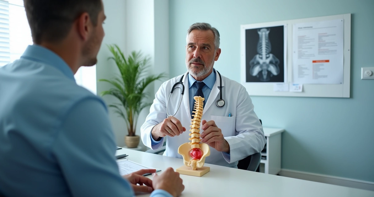 Médico mostrando modelo da coluna lombar ao paciente em consulta 