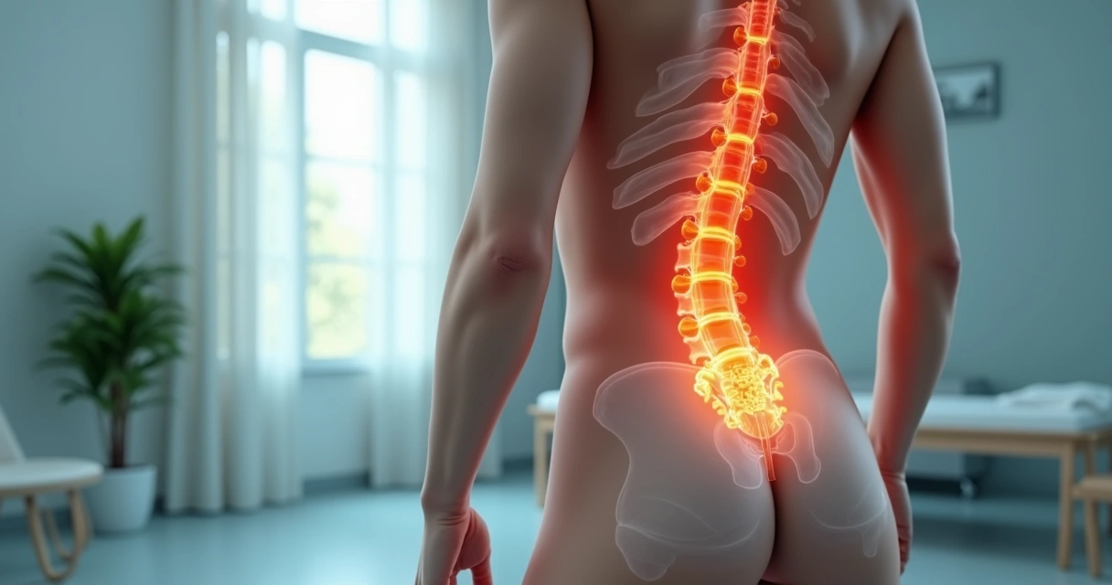 Pessoa de costas destacando coluna lombar com ilustração de dor localizada 