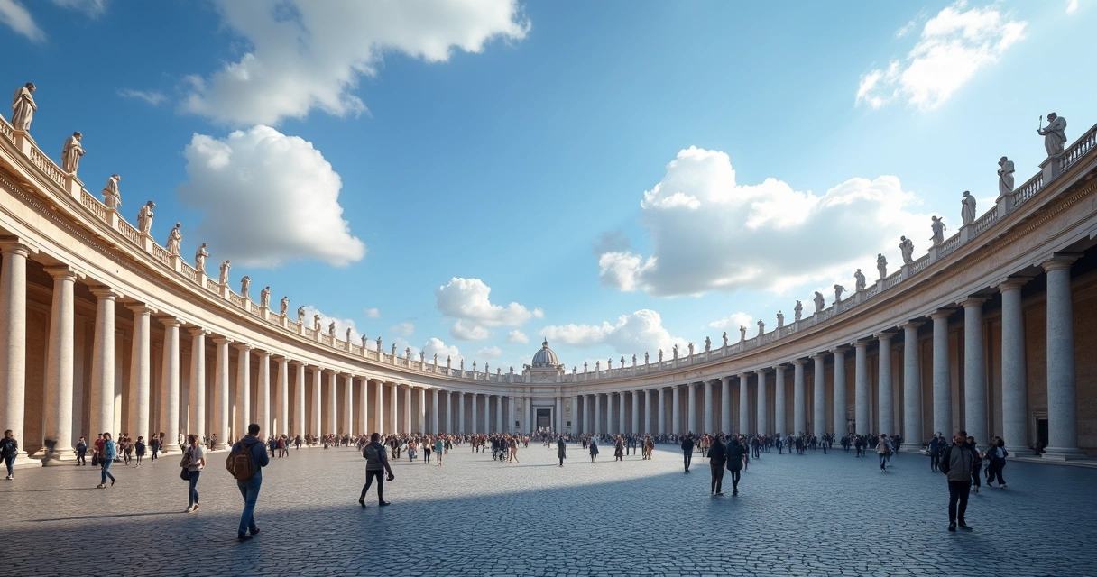 Colunata de Bernini na Praça de São Pedro com turistas caminhando 