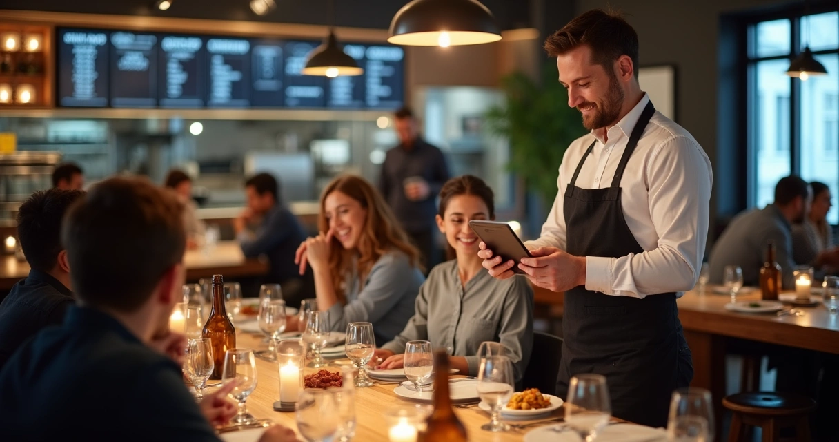 Garçom usando comanda digital na mesa de restaurante