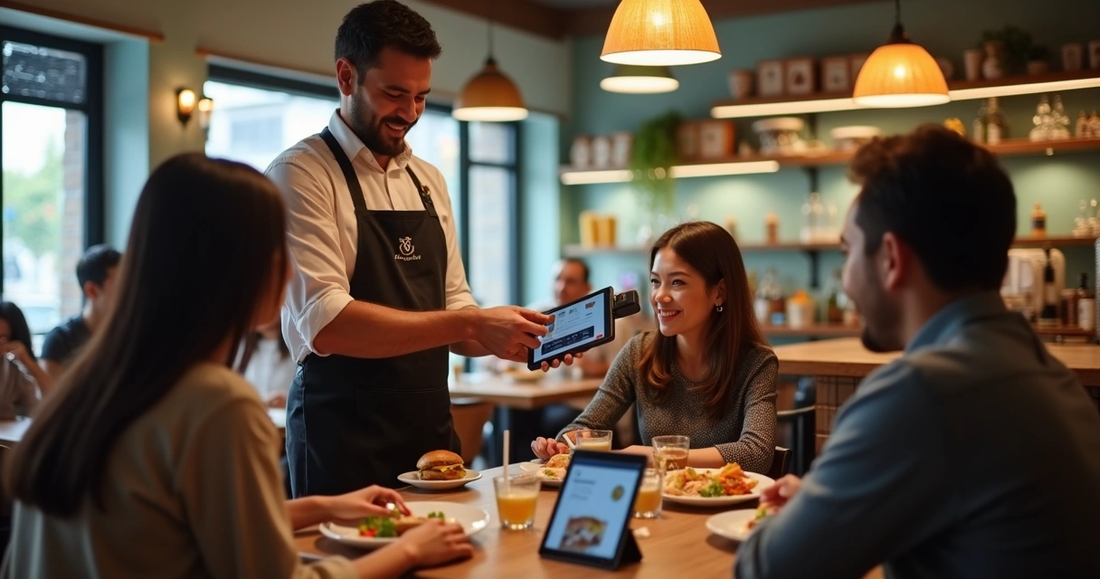 Garçom usando comanda digital na mesa, clientes sentados observando cardápio eletrônico