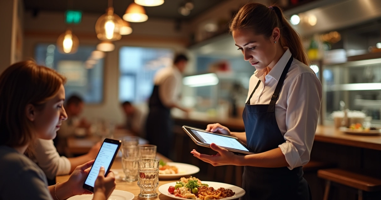 Garçom usando tablet para comandas em restaurante 