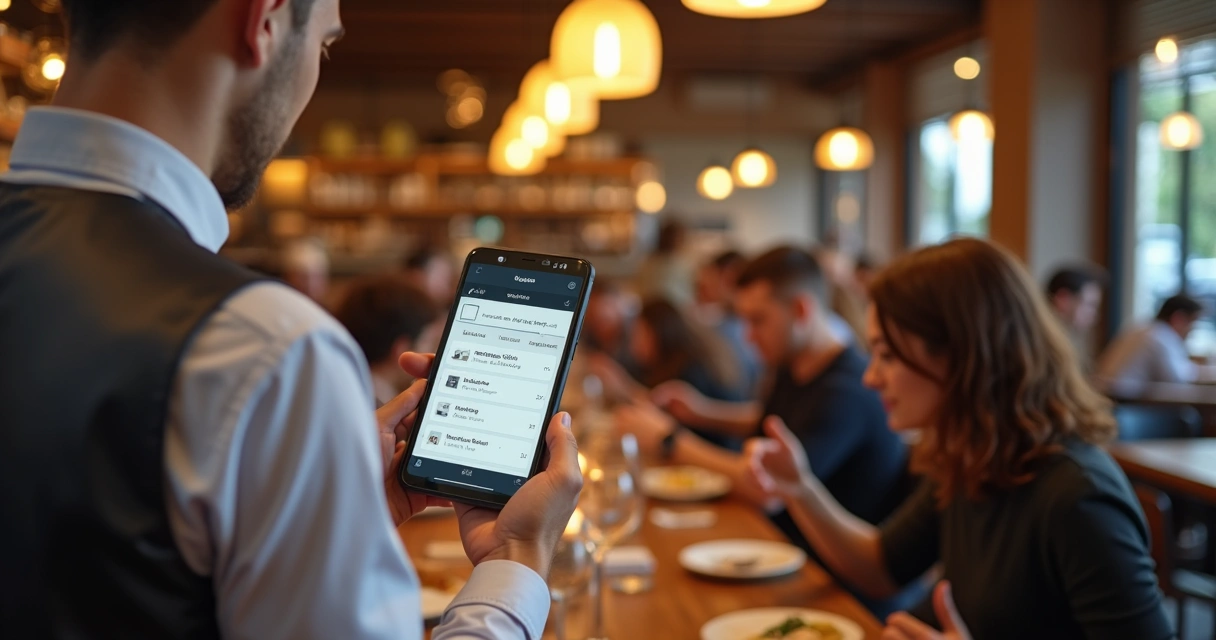 Garçom usando comanda mobile para registrar pedidos no salão 
