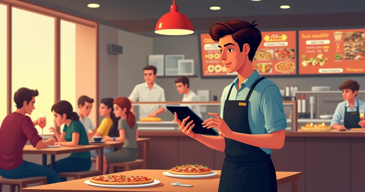 Garçom usando tablet para registrar pedidos de pizza na mesa 