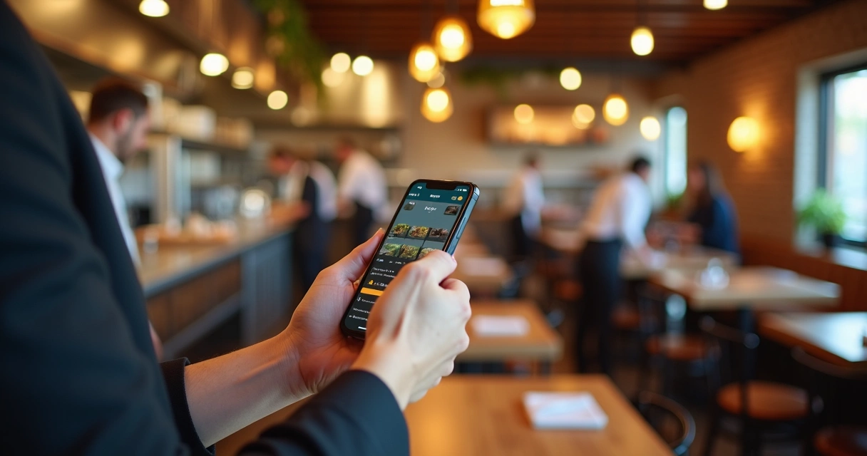 Pessoa usando celular com tela de comanda eletrônica em um restaurante com mesas ao fundo 