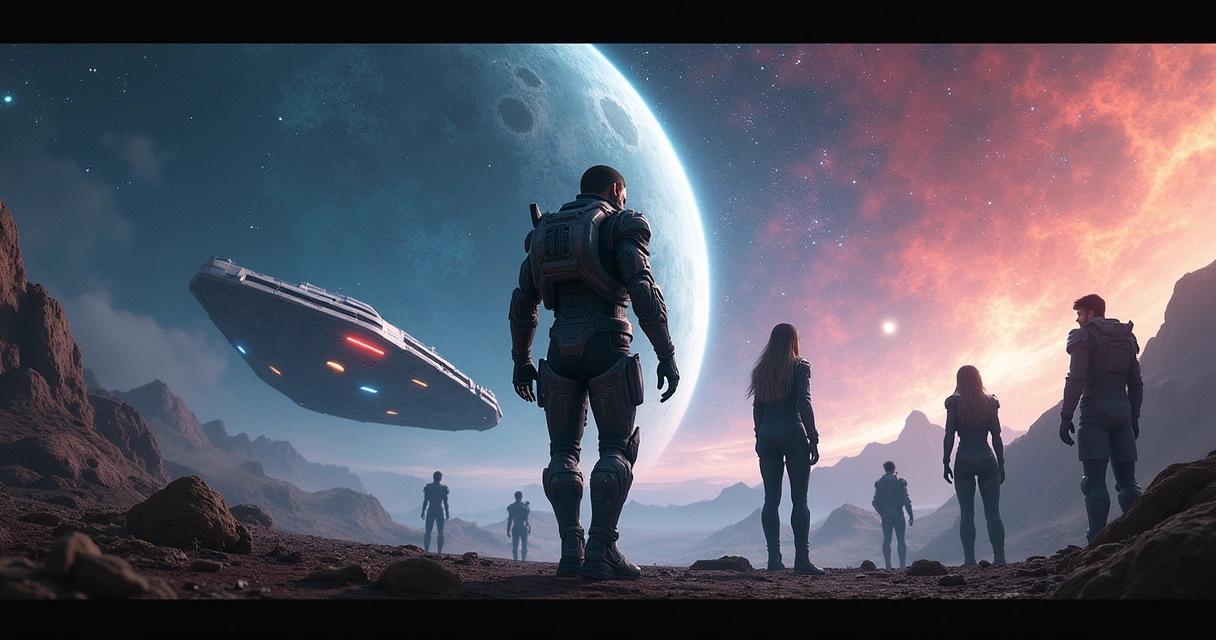 Comandante Shepard em missão no espaço, com companheiros discutindo estratégias e um fundo cósmico vibrante.