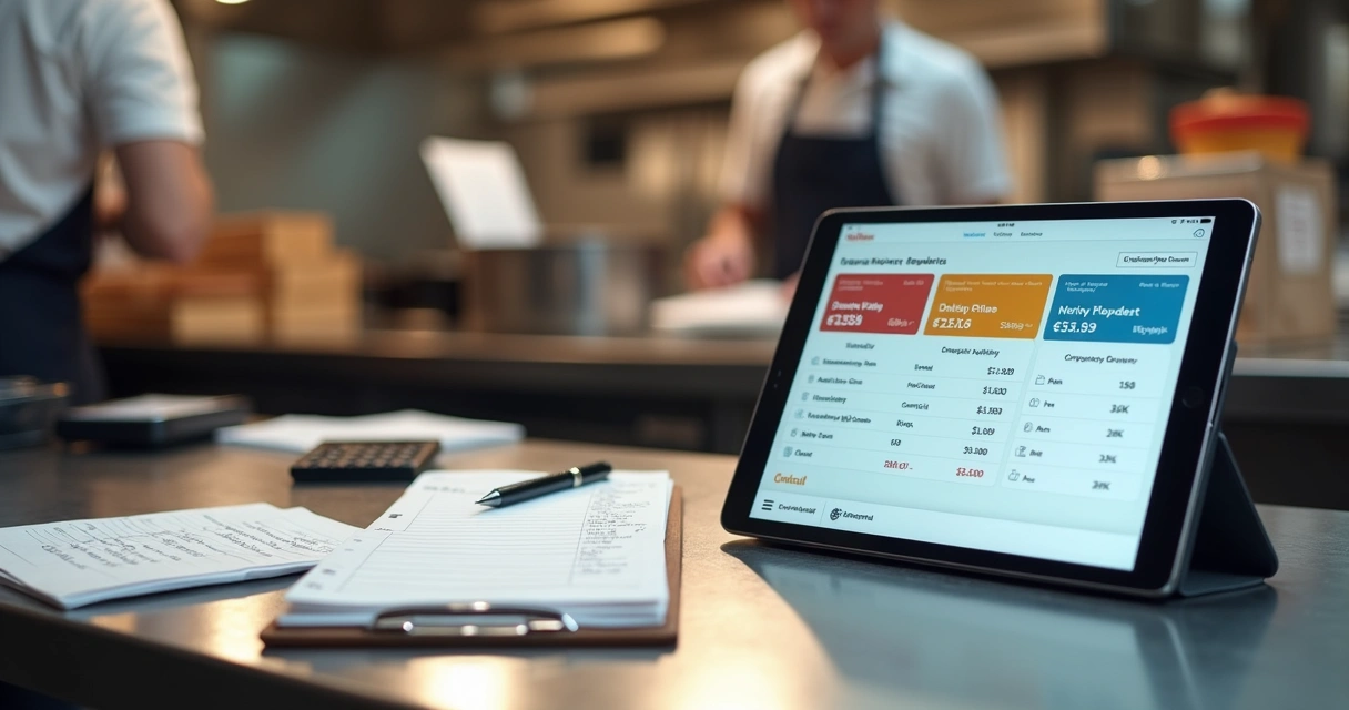 Comandas de papel ao lado de tablet com pedidos em cozinha profissional 