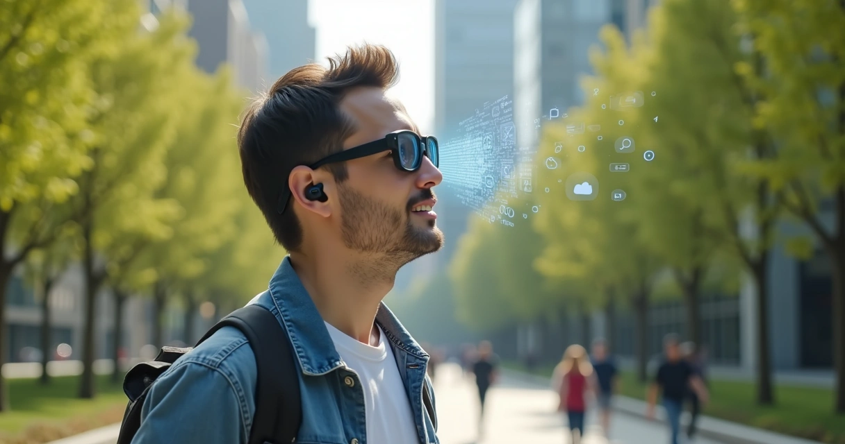Pessoa usando óculos inteligentes e fones auriculares, interagindo por voz com um dispositivo invisível 