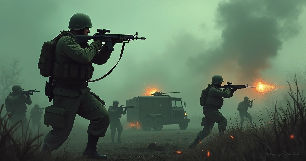 Soldado em combate no campo de batalha, agachado e observando, com fumaça e destroços ao fundo.