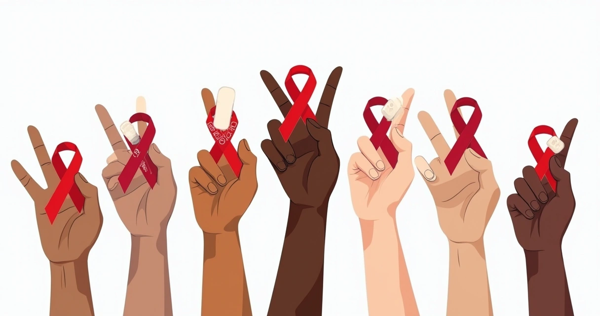 Mãos variadas erguidas segurando símbolo de prevenção ao HIV 