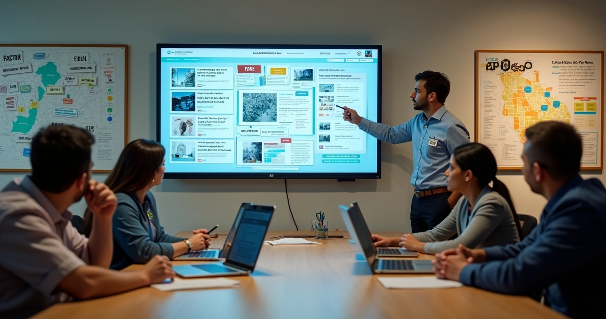 Líder de campanha local analisando notícias em painel com selo de verificação digital 